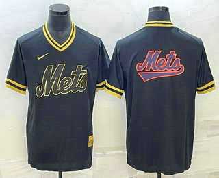 Men%27s New York Mets Big Logo Black Gold Nike Cooperstown Legend V Neck Jerseys